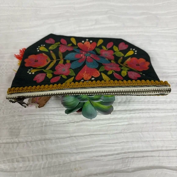 natural life Charcoal Gray Pink Blue Gold Floral Canvas Cosmetic Pencil Pouch - Picture 4 of 9